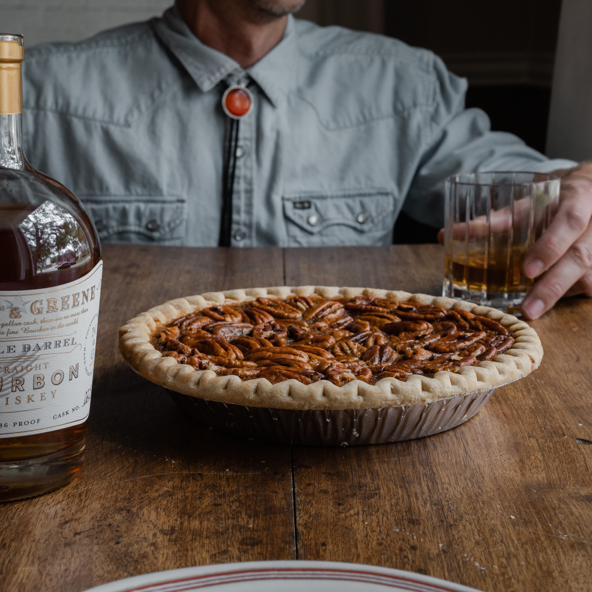 Chocolate Bourbon Pecan Pie infused with spirits from Milam & Greene Distillery.
