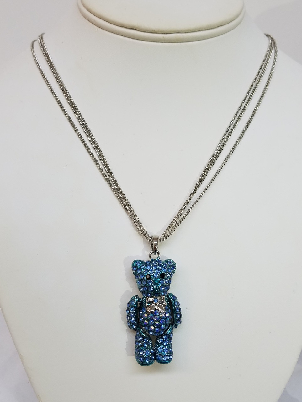 Sparkle, Wiggly, Teddy Bear Pendant/Necklace in Blue Crystals & Moving Arms  & Legs