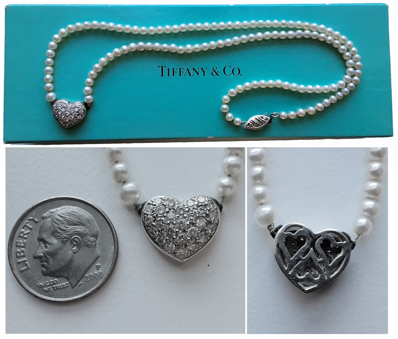 Vintage Mini Diamond Heart on Tiny Pearl Necklace 14K White Gold, Possibly  Tiffany & Co