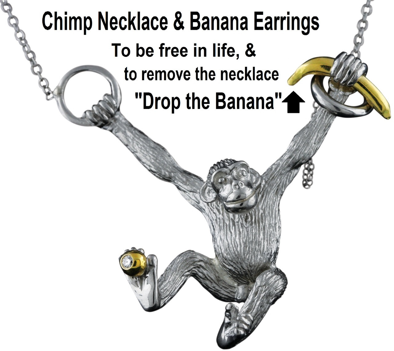 Drop the Banana-Chimp necklace-Sterling Silver, 18K gold banana