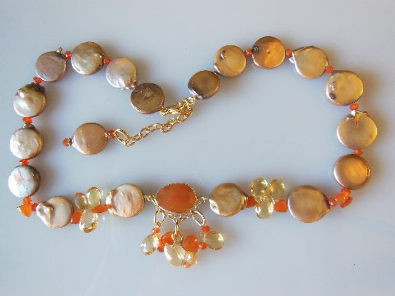 Tan coin pearls with carnelian and citrine.