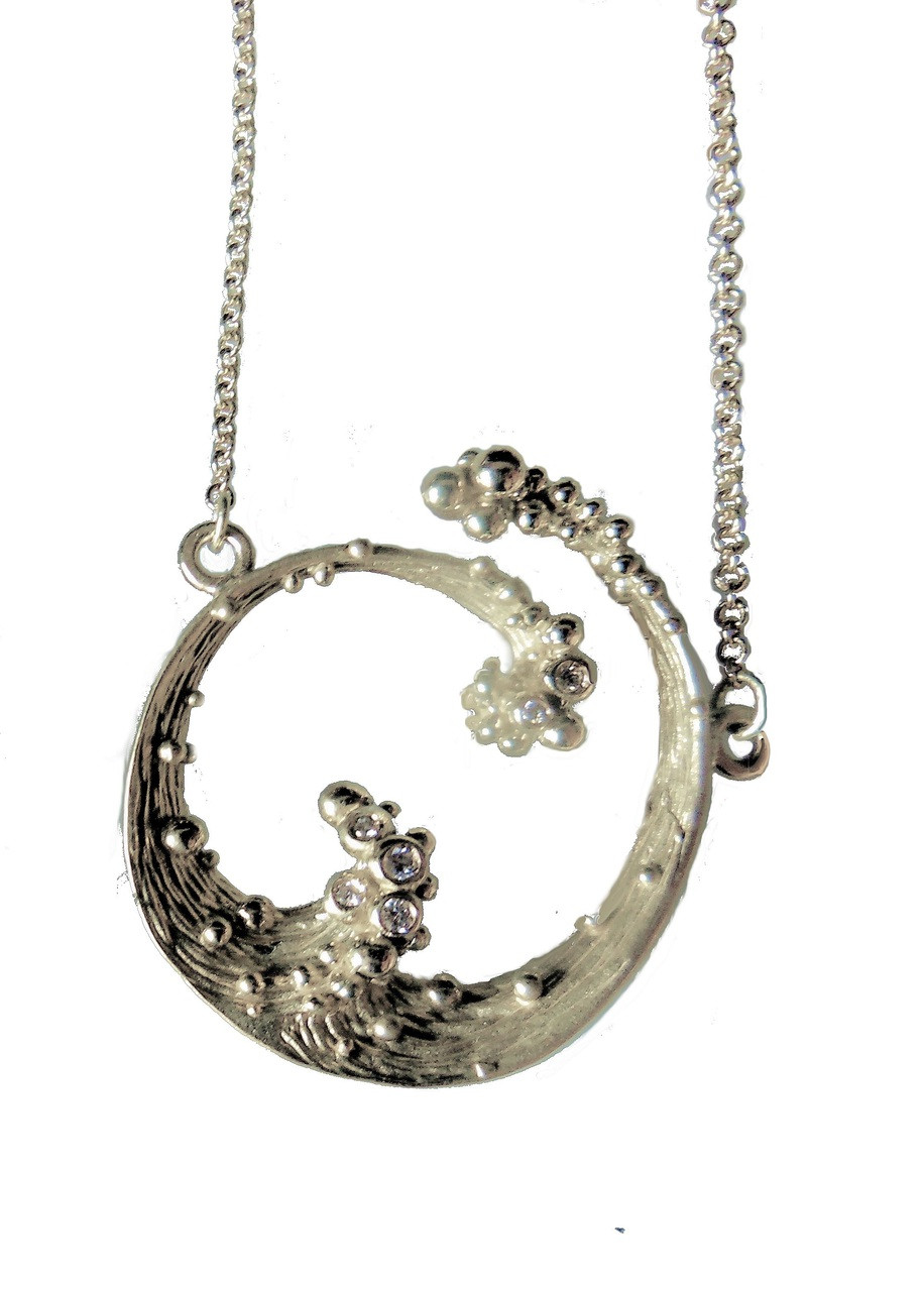 Ocean Wave Necklace-Large-Sterling Silver with diamonds- 18K gold