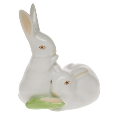 Herend Hungary Easter Porcelain Figurine: White Pair of Rabbits Eating Ear  of Corn
