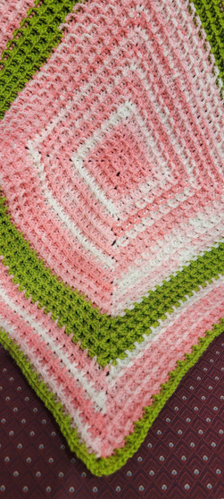 Handmade Crocheted Baby Blanket Pink/Green Waffle Stitch 26x26 inch