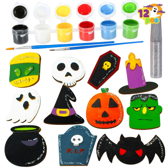 Joyin Halloween Wood Magnet Craft Kit 12Pc Magnets w/Paint, Bushes & Glitter