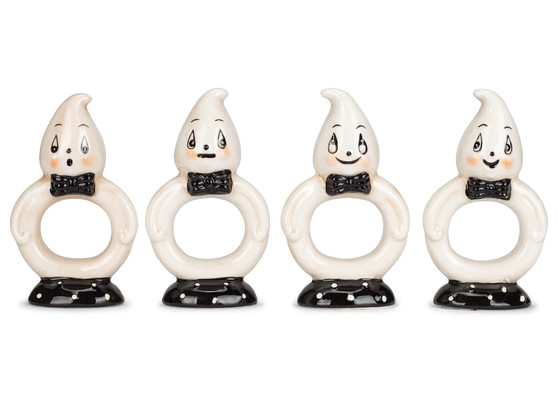 Set of 4 Transpac Dolomite Ghost Napkin Ring, 2.35"x1.35"x4.25"H