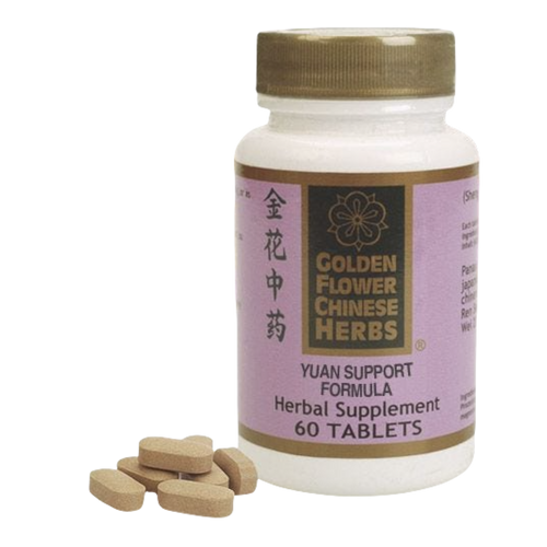 The image depicts a bottle of herbal supplement tablets. The bottle label is primarily in shades of purple and beige. It prominently displays the name "GOLDEN FLOWER CHINESE HERBS," which appears to be the brand or manufacturer. Below the brand name, there's a title that reads "YUAN SUPPORT FORMULA," indicating the specific type or purpose of the supplement. The label also mentions that the bottle contains "60 TABLETS." Adjacent to the bottle, there are several beige-colored, oval-shaped tablets, presumably representing the contents of the bottle. The overall design and typography suggest that the product is of traditional Chinese origin or is inspired by traditional Chinese medicine.