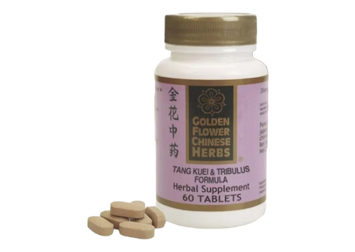 A white bottle labeled "Golden Flower Chinese Herbs" containing "Tang Kuei & Tribulus" herbal supplement, with a few tablets placed beside it.