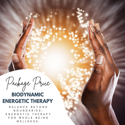 Two hands reaching towards a radiant light, symbolizing the healing energy of Biodynamic Energetic Therapy. Text on the image promotes a package price and describes the therapy as 'Balance Beyond Boundaries: Energetic Therapy for Whole Being Wellness.'