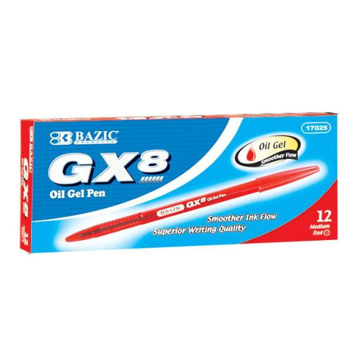 Bulk ct (12) BAZIC GX8 Oil Gel Pens - 12 Count, Red
