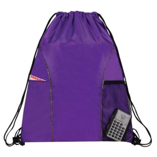 Bulk Ct (100) 18" Dual Drawstring Backpacks - Purple, 2 Front Pockets