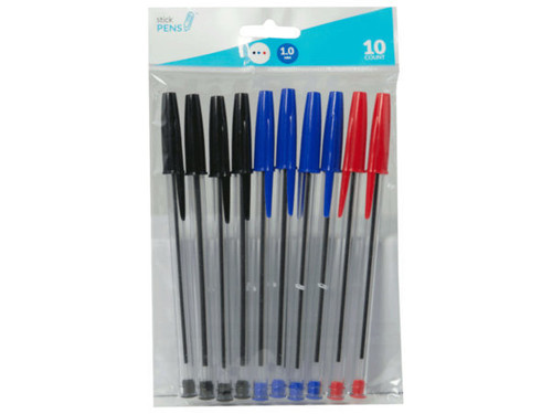 Ballpoint Stick Pens Black/Blue/Red -10Pk - Case of 75