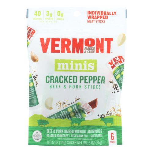 Vermont Smoke and Cure Beef & Pork Stick - Cracked Pepper - Case of 8 - 6/.5 oz