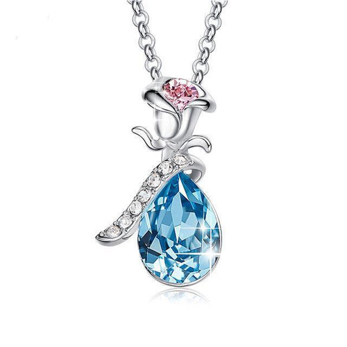 Aquamartine Waterdrop with Pink Topaz Rose 18" Necklace