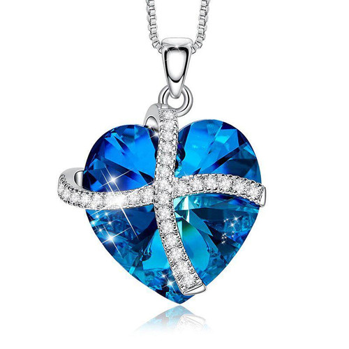 Bermuda Blue Pave Heart Ribbon 18" Necklace