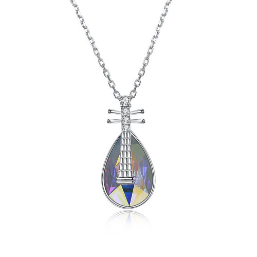 18" Sterling Silver Aurora Borealis Stone Teardrop Pendant Necklace