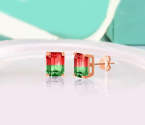 Swarovski Crystals "Cherry and Lime" - Emerald Cut Tourmaline Stud Earrings