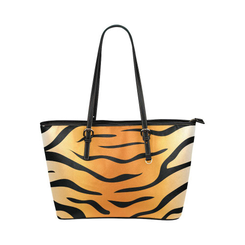 Shoulder Tote Bag, Orange and Black Tiger Striped Style Classic Leather Tote Bag