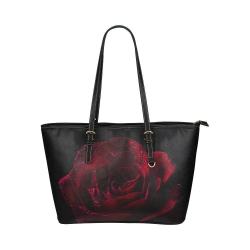 Shoulder Tote Bag, Red Stem Rose Style Black Leather Tote Bag