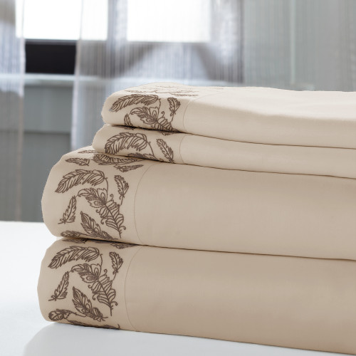 0.2" x 102" x 106" Cotton and Polyester Beige and Brown 4 Piece California King Sheet Set