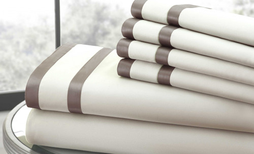 0.2" x 102" x 106" Cotton and Polyester Cream and Brown 6 Piece California King Sheet Set
