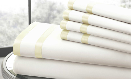 0.2" x 102" x 106" Cotton and Polyester White and Cream 6 Piece California King Sheet Set with Satin Band