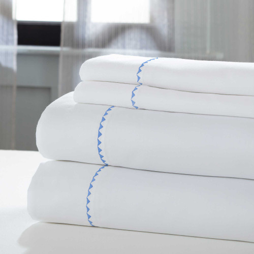 0.2" x 102" x 106" Cotton and Polyester White and Blue 4 Piece Embroidered Hem California King Sheet Set