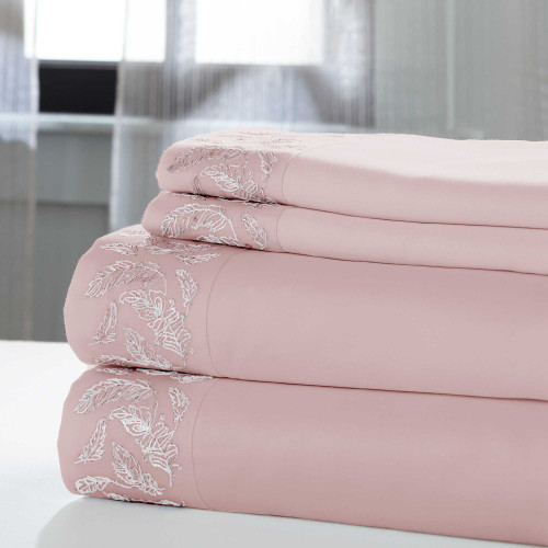 0.2" x 102" x 106" Cotton and Polyester Pink and White 4 Piece California King Sheet Set