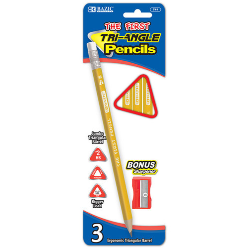 BAZIC #2 The First Tri-Angle Pencils - 3 Count, Yellow, Triangular Shape, Sharpener Included