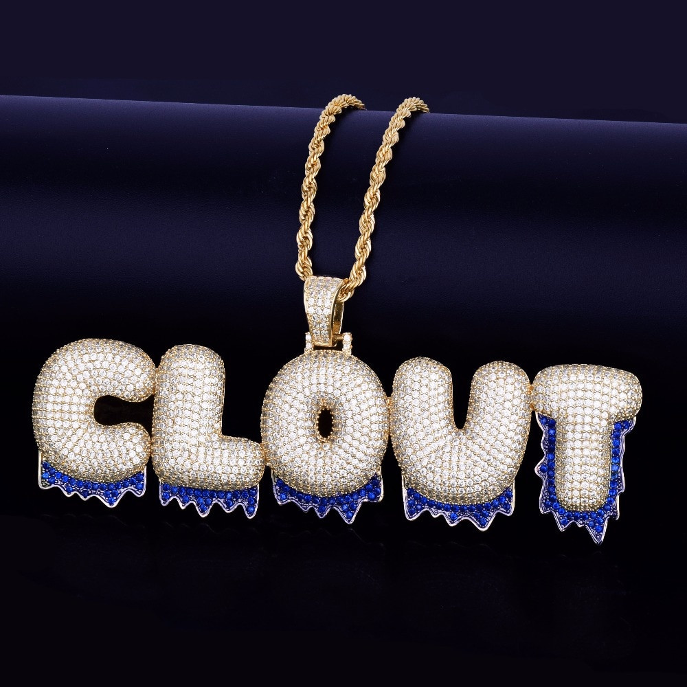 Iced Out Lab Diamond Custom Name Blue Drip Bubble Letters Pendants