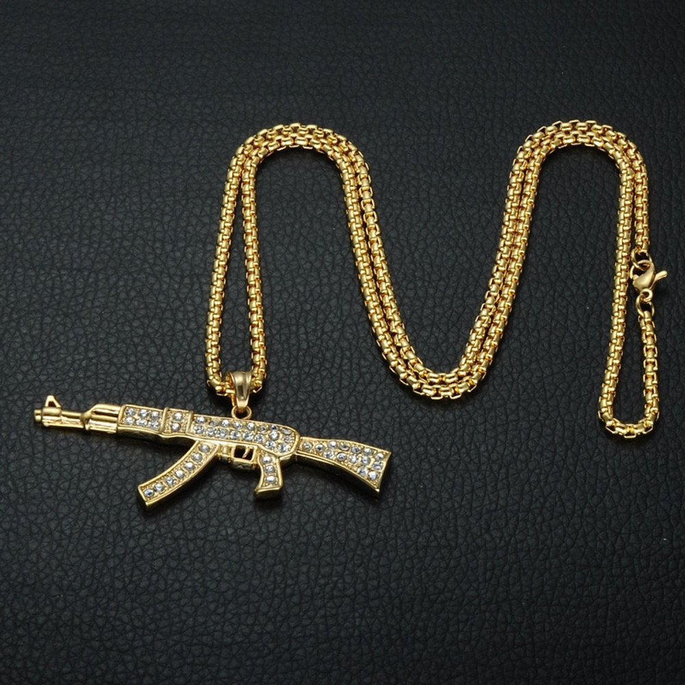 Lab Diamond Iced Out AK47 Chopper Gun 14k Gold Stainless Steel Pendant ...