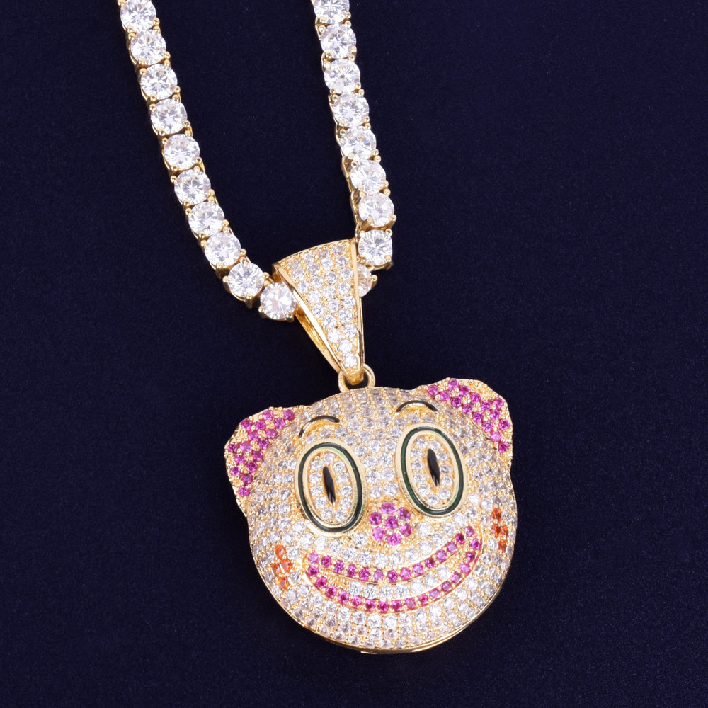 Hip Hop Clown Face Emoji Micro Pave Lab Diamond Pendant Chain Necklace