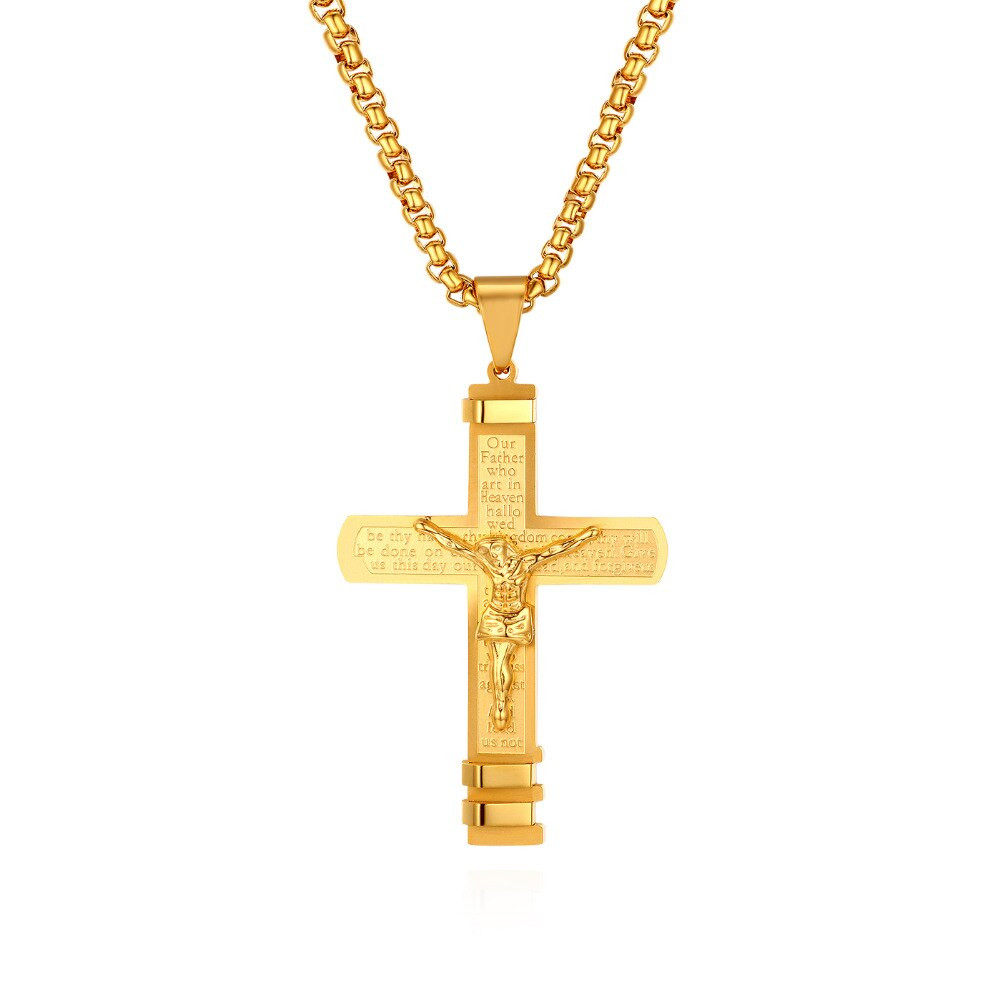 Mens Lords Prayer Layered No Fade Stainless Steel Jesus Crucifix Cross ...