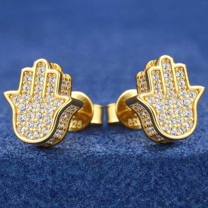 The Allure of Mystic Hand: 24k Gold and Solid Silver Fatima Hamsa Hands Stud Earrings Featuring Moissanite Diamonds The Allure of Mystic Hand: 24k Gold and Solid Silver Fatima Hamsa Hands Stud Earrings Featuring Moissanite Diamonds
