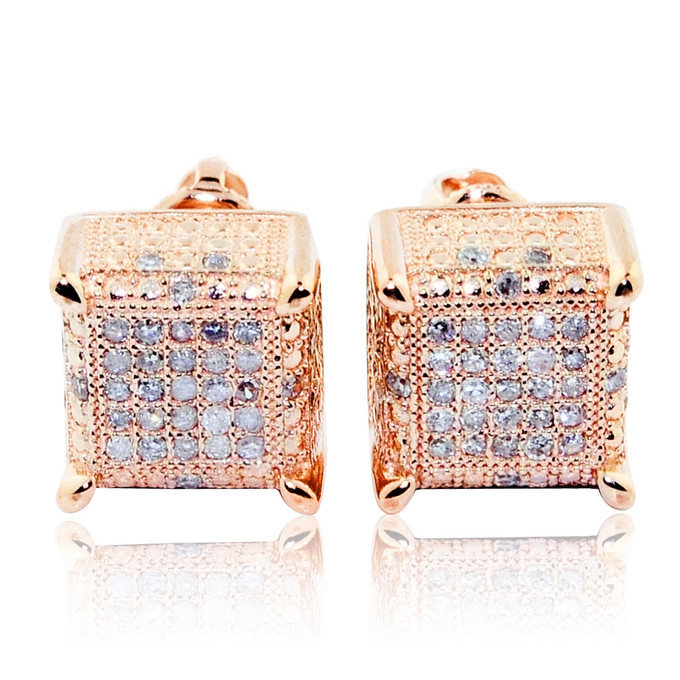 ​10K Rose Gold Cube Earrings Large 8.76mm Wide 0.3cttw Pave Set For Men Of Character!