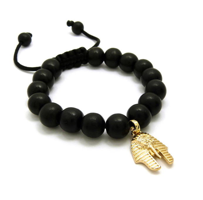 Enchanting Egyptian King Tut 14k Gold Wood Bead Bracelet