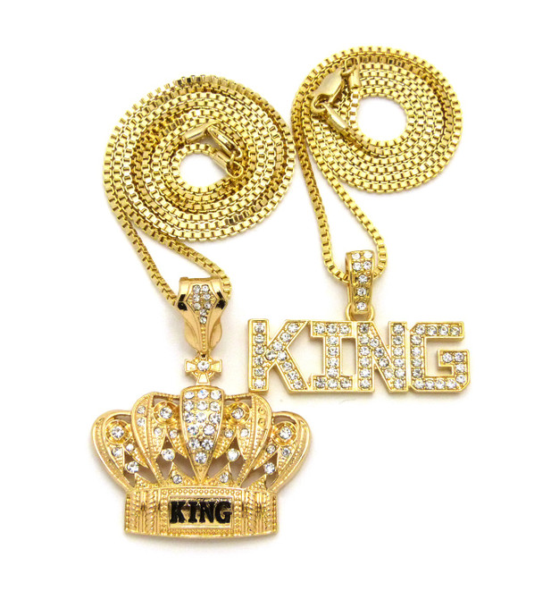 Double Bonanza: 14k Gold Simulated Diamond King Crown Iced Out Pendant Chain