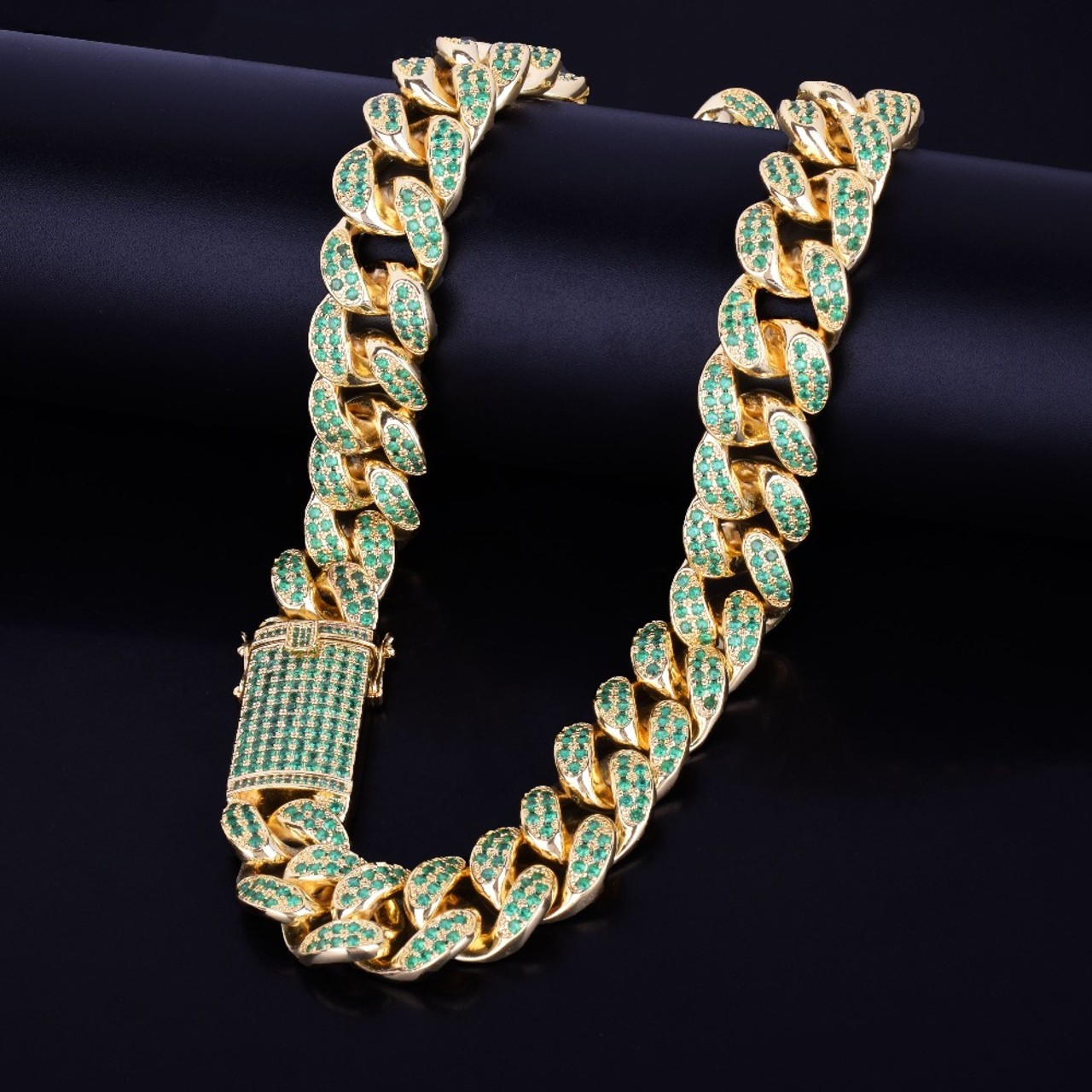 Mens mm Heavy Green Flooded Ice Bling Miami Cuban Link 24k Gold Chain Necklace Bling Jewelz