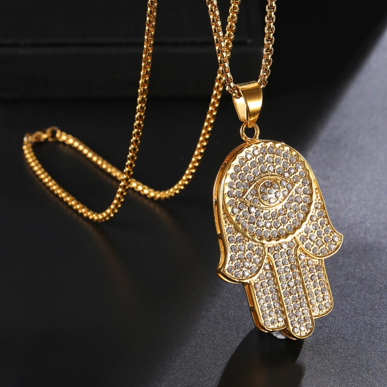 Details about / Mens Hip Hop Hand of Fatima Rhinestone Pendant Chain Necklace