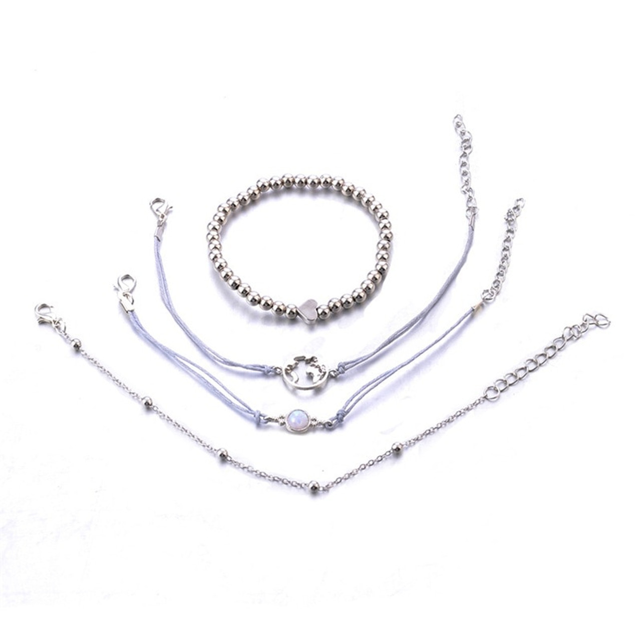 Ladies 4 Piece World Traveler Heart Bead Silver Layered Bracelet Set ...