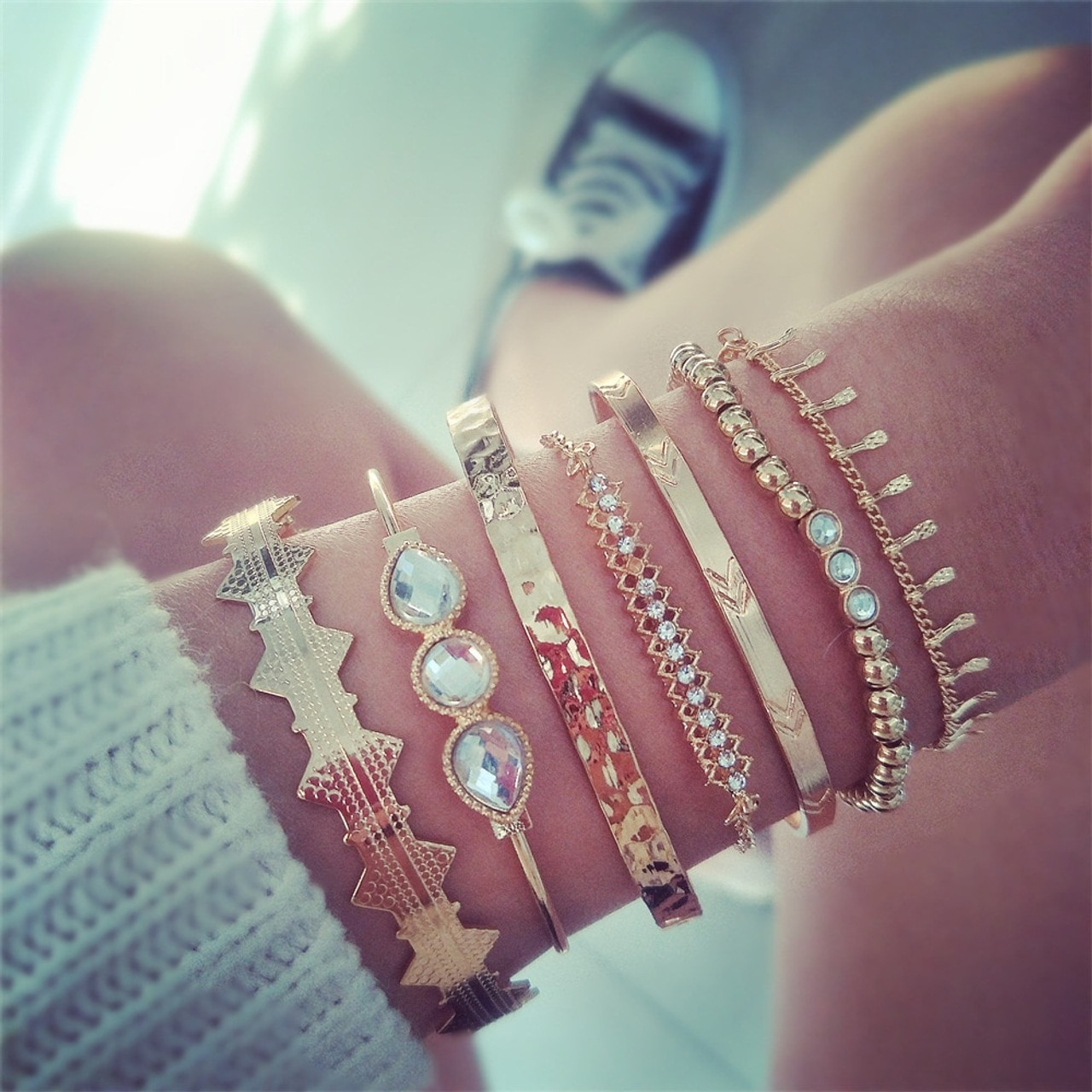 7pcs/Set Vintage Women Crystal Shell Moon Bangle Bracelet Gold Fashion Jewelry 7pcs/Set Vintage Women Crystal Shell Moon Bangle Bracelet Gold Fashion Jewelry