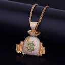 18k Gold Silver Money Bag Stack Cash Coins AAA True Micro Pave Hip Hop Chain Pendant