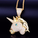 AAA True Micro Pave Flooded Ice Unicorn Horse Head 18k Gold .925 Silver Pendant Chain Necklace