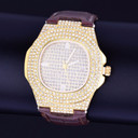 Mens Lab Diamond Luxury Iced Faced 925 Silver 14k Gold Stainless Steel Bling Leather Watch