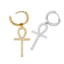 True Micro Pave Huggie 18k Gold Silver Dangling Ankh Cross Hip Hop Iced AAA Earrings