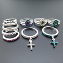 Ladies 10 Piece Boho Colorful Crystal Cross Pendant Rings Jewelry Set