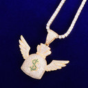 Money Flying To Me Dollar Sign Wings Money Bag Gold Silver Rose Gold Hip Hop Pendant