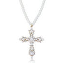 Ladies New Fashion White Pearl Strand Simulate Diamond Vintage look Cross Necklace