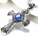 Vintage Styling Stainless Steel Blue Crystal Cross Pendant Chain Necklace