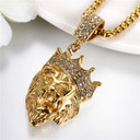 Mens Hip Hop no Fade Stainless Steel King Crown Lion Bling Pendant Chain Necklace